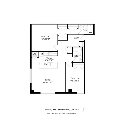 Floor plan for 2 beds, 2 baths, 1091 sqft